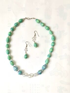 pastel green blue purple paper bicone beads necklace silver earrings jewelry set